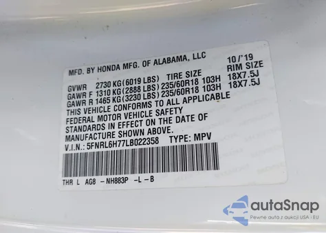 2020 Honda Odyssey Ex-L/Ex-L W/Navi Res из США, поврежденный, VIN 5FNRL6H77LB022358